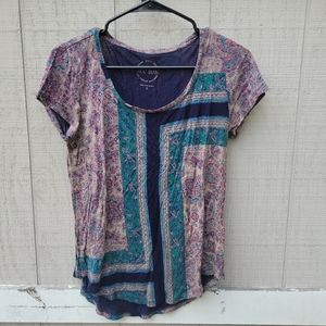 Lucky Brand Boho Stripe Paisley Mandala Print Short Sleeve Tee T-Shirt Small